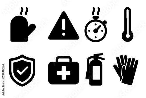 Steaming Safety Icons. Solid, filled icon set of steaming safety: oven mitts, warning symbol, timer, thermometer, safety seal, first aid kit, fire