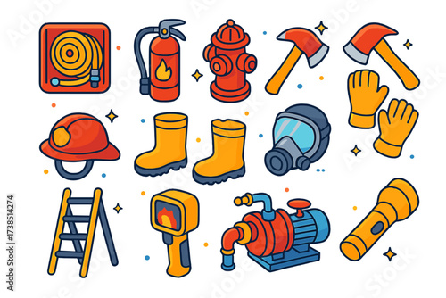 Colorful Firefighting Equipment Icons.
