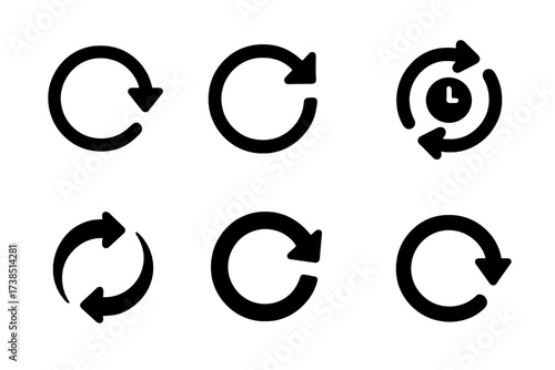 Icon Grid Refresh. Solid, filled icon set of refresh action: reload symbol, circular arrow, refresh clock, reset button, power cycle, restart sign, sync