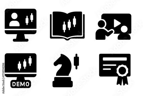 Trading Education Icons. Solid, filled icon set of trading education: webinar, tutorial, trading journal, mentorship, online course, demo trading, strategy