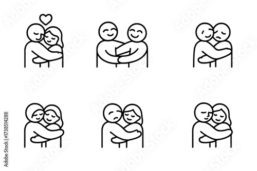 Hug Emotions Icons. Outline icon set of hug emotions: love, comfort, joy, sadness, relief, gratitude, reassurance, warmth. Line icons in only black color,