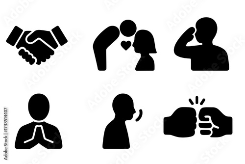 Global Greeting Icons. Solid, filled icon set of polite greetings worldwide: handshake, bow, cheek kiss, salute, wai gesture, nod, wave, fist bump. Solid,
