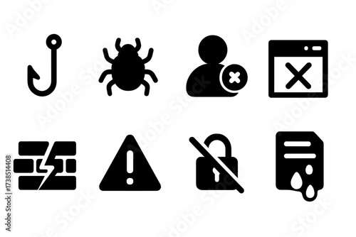 Cyber Fraud Icons. Solid, filled icon set of cyber fraud: phishing hook, computer virus, hacked account, fake website, broken firewall, red alert, crossed out