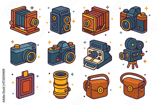 Vintage Camera Icons. Vintage cameras. Colorful isometric vector icons set of vintage cameras: wooden large format camera, twin-lens reflex, box brownie,