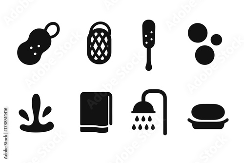 Hygiene Icon Set. Solid, filled icon set of personal hygiene scrubbing: bath sponge, loofah, exfoliating brush, soap bubbles, water splash, towel, shower head,