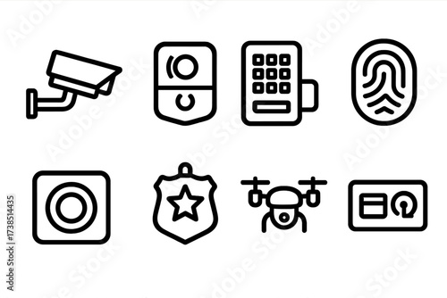 Smart Home Security Icons. Outline icon set of smart home security: surveillance camera, alarm siren, keypad, fingerprint scanner, panic button, security