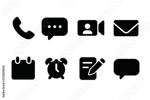 Therapy Communication Icons. Solid, filled icon set of therapy communication: phone call, chat bubble, video call, email, appointment calendar, reminder, note,