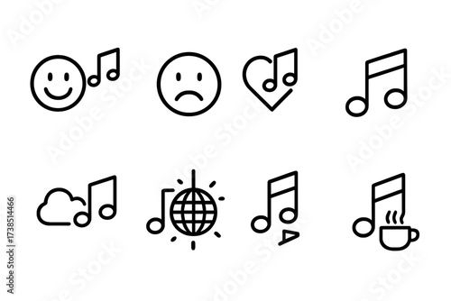 Song Emotion Icons. Outline icon set of song emotions: happy music, sad song, romantic music, energetic music, relaxing tune, party song, motivational song,