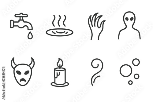 Eerie Bath Icon Set. Outline icon set of eerie bath scene: dripping faucet, steaming water, clawed hand, eerie shadow, horned mask, flickering candle, mist