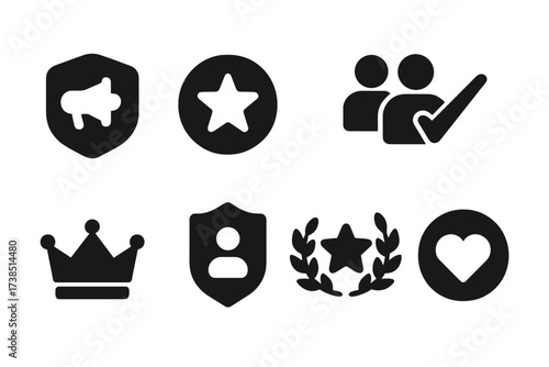 Black Social Rank Icons. Solid, filled icon set of social ranks: influencer badge, VIP star, follower count, verified check, premium member, community leader,