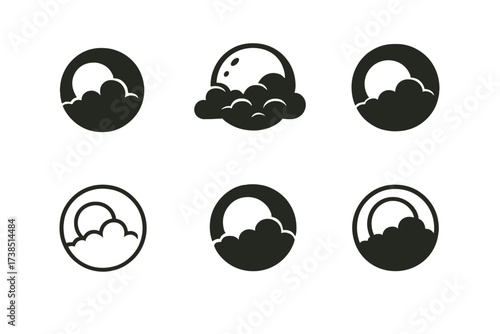 Moonlit Emblem Variations. Melancholy. Set Logo of Melancholy: Moon behind dark clouds. harmonious logo variations of the same emblematic concept, each with