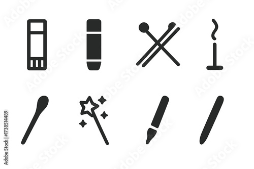 Craft Tools Icons. Solid, filled icon set of stick crafts and hobbies: glue stick, paint stick, knitting needle, chopstick, incense stick, drumstick, magic