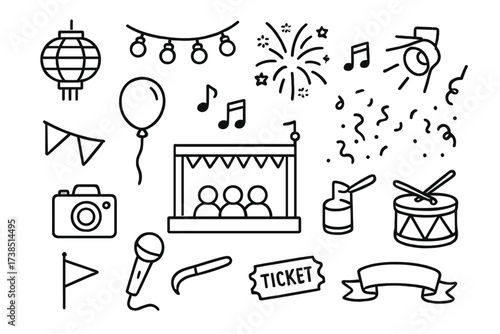 Festival Doodle Icons. Hand-drawn doodle illustration Festival lighting and ambiance lantern, string lights, fireworks, spotlight, crowd, stage, balloon, music