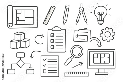 Architectural Tools Doodle. Hand-drawn doodle illustration architectural scheme blueprint, ruler, pencil, compass, scale, blueprint paper, building blocks,