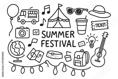 Summer Festival Doodles. Hand-drawn doodle illustration Summer festival celebration balloon, music notes, tent, food truck, sunglasses, camera, map, sun hat,