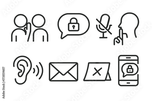Quiet Conversation Icons. Outline icon set of quiet conversation: two people whispering, speech bubble with lock, muted microphone, finger on lips, ear with