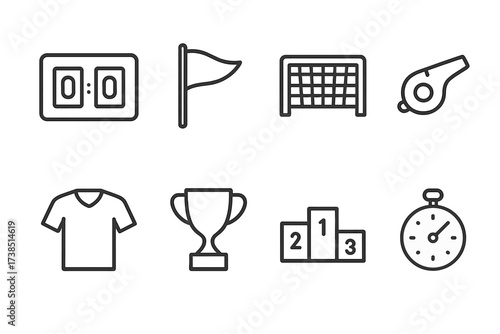 Sports Icon Set. Outline icon set of sports leaderboard: scoreboard, team flag, goal net, referee whistle, player jersey, trophy cup, ranking chart, stopwatch.