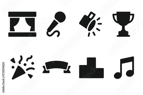 Event Icons Matrix. Solid, filled icon set of clapping event objects: stage, microphone, spotlight, award trophy, confetti, banner, podium, music notes. Solid,