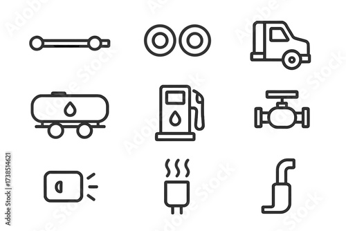 Fuel Truck Icons. Outline icon set of fuel truck components: chassis, wheels, cab, fuel tank, pumps, valves, lights, exhaust pipe. Line icons in only black