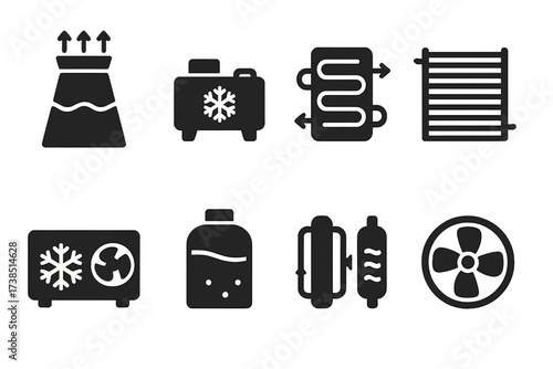 Cooling Equipment Icons. Solid, filled icon set of cooling industrial equipment: cooling tower, chiller, heat exchanger, cooling coil, refrigeration unit,