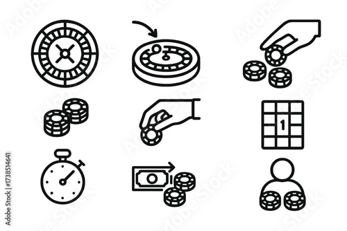 Roulette Icon Set. Outline icon set of roulette gameplay: wheel spin, ball drop, betting chips, dealer hand, timer, winning number, payout, player chips. Line