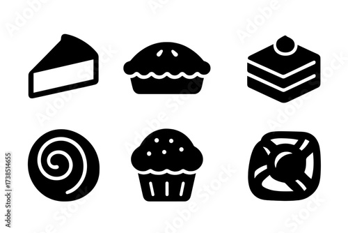 Baked Desserts Icons. Solid, filled icon set of baked desserts: cheesecake, apple pie, fruit tart, chocolate cake, cinnamon roll, muffin, croissant, danish