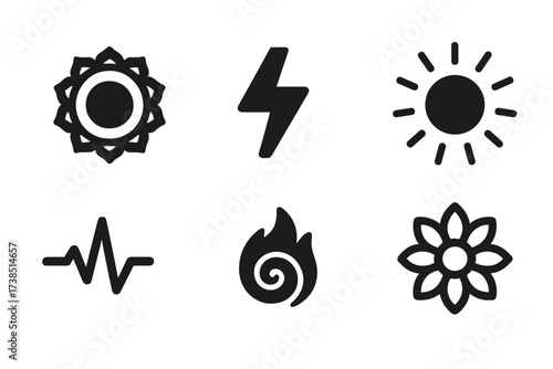 Vital Energy Icons Set. Solid, filled icon set of vital energy: chakra wheel, lightning bolt, breath wave, radiant aura, pulse line, spiral galaxy, flame