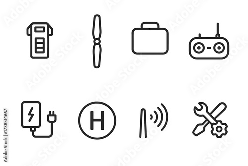 Drone Accessories Icons. Outline icon set of drone accessories: extra battery, propeller blade, carrying case, remote controller, charger, landing pad,