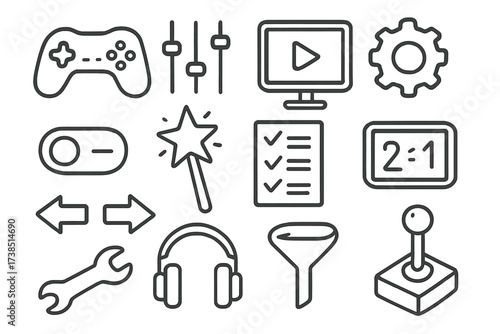 Game Icon Doodles. Hand-drawn doodle illustration game preset gamepad, sliders, computer screen, play button, gear, toggle switch, magic wand, checklist,