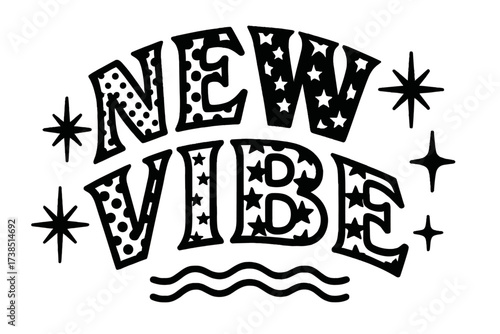 Bold Decorative Lettering. New Vibe ? Decorative Display Lettering with patterned silhouettes (dots and star shapes inside letters), arched word-shape, bold