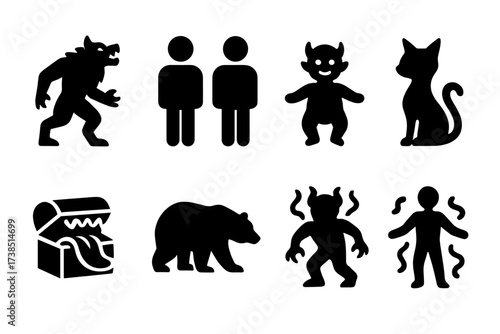 Shape-Shifting Creature Icons. Solid, filled icon set of shape-shifting creatures: werewolf, doppelganger, changeling, animagus, mimic, druid beast, cursed