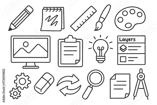 Creative Design Elements. Hand-drawn doodle illustration design example pencil, sketchbook, ruler, color palette, computer screen, layers panel, brush, eraser,
