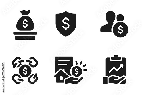 Bailout Icon Set. Solid, filled icon set of bailout: emergency fund, government aid, financial rescue, debt relief, loan guarantee, asset purchase, economic