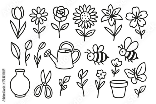 Blooming Flower Doodles. Hand-drawn doodle illustration Blooming flowers tulip, daisy, rose, sunflower, lily, cherry blossom, leaf, stem, bud, watering can,