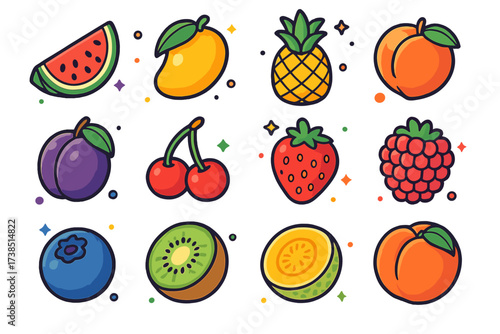 Summer Fruits Icons. Summer fruits. Colorful isometric vector icons set of summer fruits: watermelon, mango, pineapple, peach, plum, cherry, strawberry,