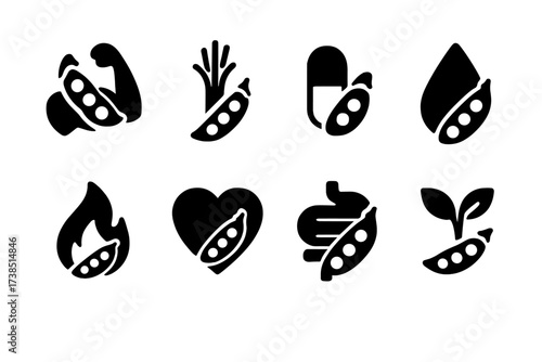 Legume Nutrition Icons. Solid, filled icon set of legume nutrition: protein source, fiber icon, vitamin capsule, mineral drop, energy flame, healthy heart,