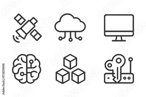 Global Tech Icon Set. Outline icon set of global technology: satellite, data cloud, server rack, computer, AI brain, blockchain, encryption key, wifi router.