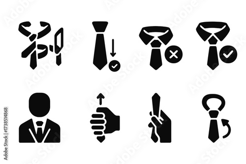 Tie Wearing Guide Icons. Solid, filled icon set of tie wearing tips: knot tutorial, length check, collar fit, tie symmetry, matching suit, tie adjustment, tie