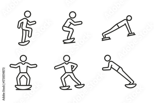 Balance Board Icons. Outline icon set of balance board exercises: single leg stand, squats, plank on board, side lunges, balancing twist, toe taps, forward