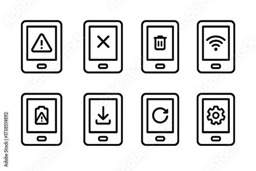 E-Reader Icon Troubles. Outline icon set of e-reader troubleshooting: error alert, software crash, low storage, connectivity issue, battery warning, update