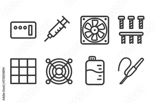 Cooler Accessories Icons. Outline icon set of cooler accessories: fan controller, thermal paste syringe, radiator fan, mounting screws, dust filter, fan grill,