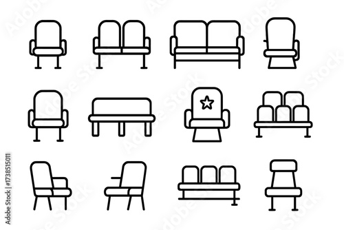 Stadium Seating Icons. Stadium seats. Line icon set of stadium seats: single seat, double seat, row of seats, folding seat, cushioned seat, bench seat, VIP