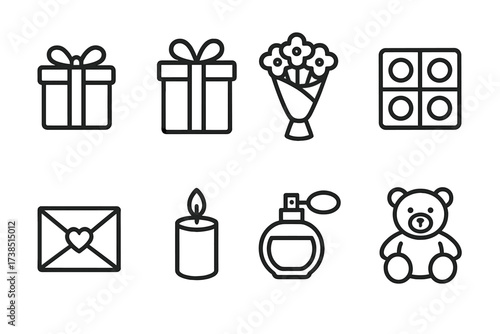 Desire Icons Set. Outline icon set of desire objects: gift box, wrapped present, bouquet of flowers, chocolates, love letter, candle, perfume bottle, teddy