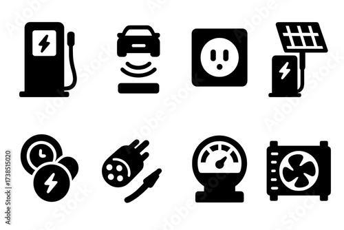 EV Charging Icons Grid. Solid, filled icon set of EV charging components: fast charger, wireless charger, power outlet, solar-powered charger, charge port,