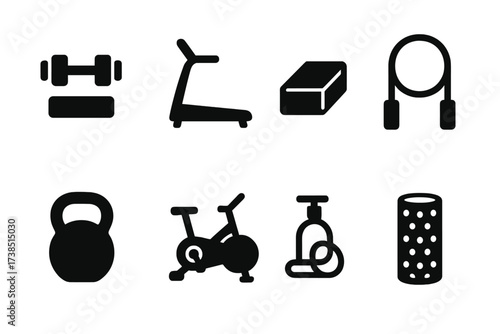 Wellness Equipment Icons. Solid, filled icon set of wellness exercise equipment: dumbbells, treadmill, yoga block, jump rope, kettlebell, exercise bike,
