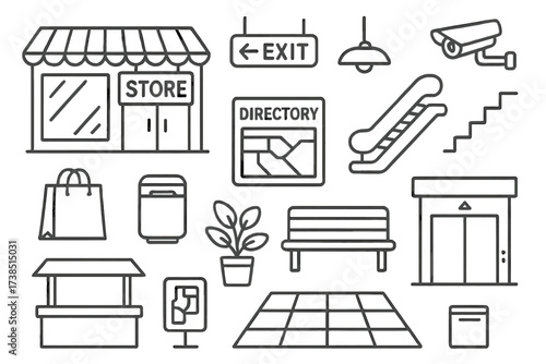 Mall Doodle Icons. Hand-drawn doodle illustration shopping mall corridor store front, signboard, light fixture, exit sign, bench, plant, trash bin, directory