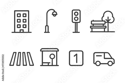 Urban and Mailing Icons. Outline icon set of urban address: building, streetlight, traffic light, park bench, crosswalk, bus stop, street number plate,