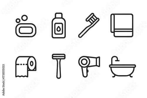 Hygiene Icon Set. Outline icon set of domestic hygiene: soap, shampoo, toothbrush, towel, toilet paper, razor, hairdryer, bath tub. [Line icons in only black