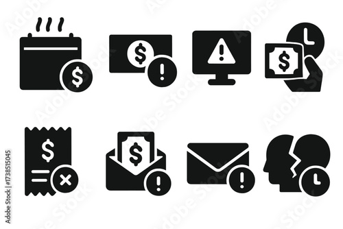 Late Payment Icon Set. Solid, filled icon set of late payment causes: forgotten bill, insufficient funds, technical error, delayed salary, disputed charge,