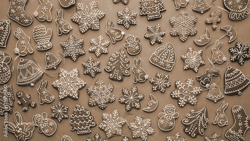 Christmas Cookies Festive Decorative Top View Brown Background. Holiday Gingerbread Assorted Sweet Frosted Detailed Ornament Perspective